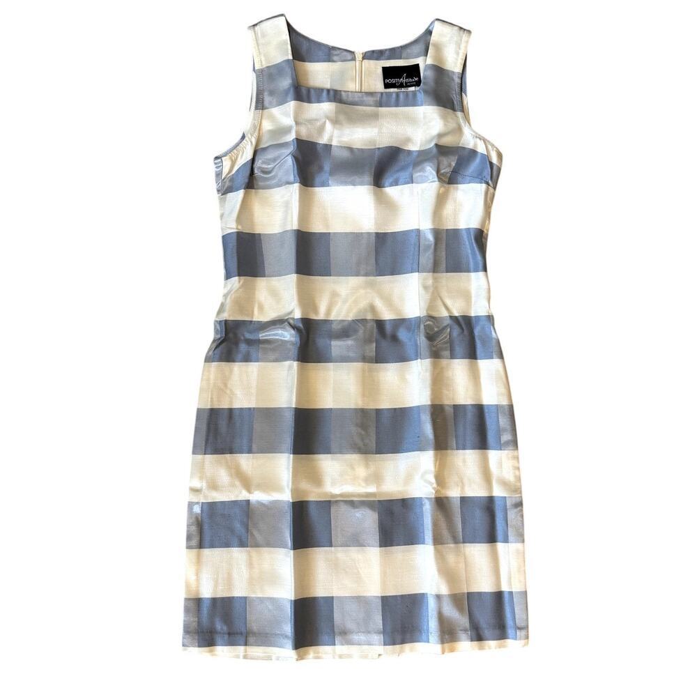 VTG 90s Satin Gingham Blue & White Sleeveless Sheath Dress Size 8P